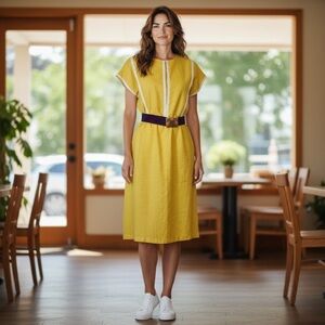 Vintage 1970s Yellow Midi Dress with White Trim – Made in USA – Size 10